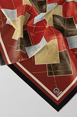 Twill Geometrik Desenli Taba Renkli 90x90 Eşarp (İpek İçermez) Kenar Dikiş Şekli El Dikişli