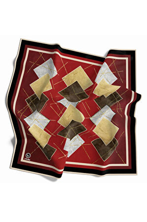 Twill Geometrik Desenli Bordo Renkli 90x90 Eşarp (İpek İçermez) Kenar Dikiş Şekli El Dikişli