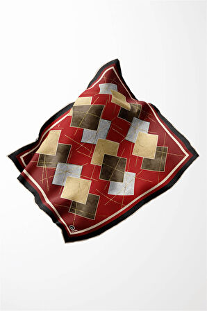 Twill Geometrik Desenli Bordo Renkli 90x90 Eşarp (İpek İçermez) Kenar Dikiş Şekli El Dikişli