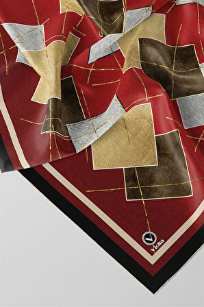 Twill Geometrik Desenli Bordo Renkli 90x90 Eşarp (İpek İçermez) Kenar Dikiş Şekli El Dikişli