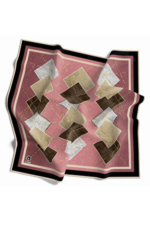 Twill Geometrik Desenli Pudra Renkli 90x90 Eşarp (İpek İçermez) Kenar Dikiş Şekli El Dikişli