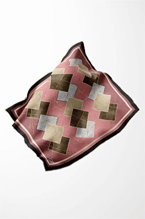 Twill Geometrik Desenli Pudra Renkli 90x90 Eşarp (İpek İçermez) Kenar Dikiş Şekli El Dikişli
