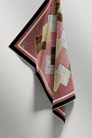 Twill Geometrik Desenli Pudra Renkli 90x90 Eşarp (İpek İçermez) Kenar Dikiş Şekli El Dikişli