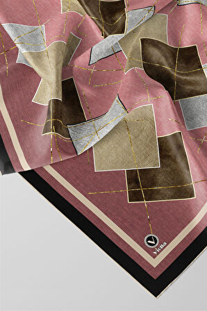 Twill Geometrik Desenli Pudra Renkli 90x90 Eşarp (İpek İçermez) Kenar Dikiş Şekli El Dikişli