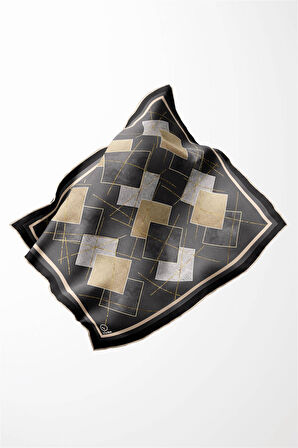 Twill Geometrik Desenli Gri Renkli 90x90 Eşarp (İpek İçermez) Kenar Dikiş Şekli El Dikişli