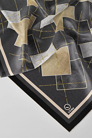 Twill Geometrik Desenli Gri Renkli 90x90 Eşarp (İpek İçermez) Kenar Dikiş Şekli El Dikişli