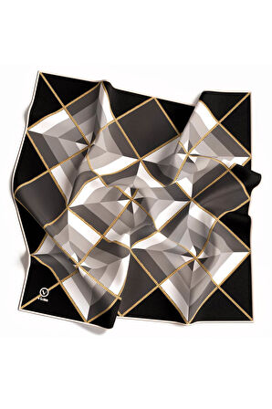 Twill Geometrik Desenli Siyah - Gri Renkli 90x90 Eşarp (İpek İçermez) Kenar Dikiş Şekli El Dikişli
