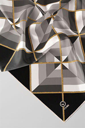 Twill Geometrik Desenli Siyah - Gri Renkli 90x90 Eşarp (İpek İçermez) Kenar Dikiş Şekli El Dikişli