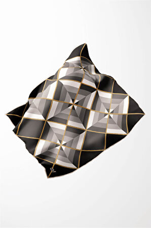 Twill Geometrik Desenli Siyah - Gri Renkli 90x90 Eşarp (İpek İçermez) Kenar Dikiş Şekli El Dikişli