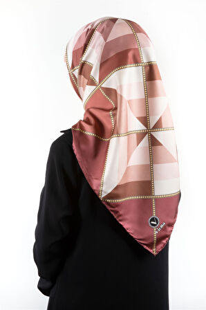 Twill Geometrik Desenli Gül Kurusu Renkli 90x90 Eşarp (İpek İçermez) Kenar Dikiş Şekli El Dikişli