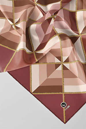 Twill Geometrik Desenli Gül Kurusu Renkli 90x90 Eşarp (İpek İçermez) Kenar Dikiş Şekli El Dikişli