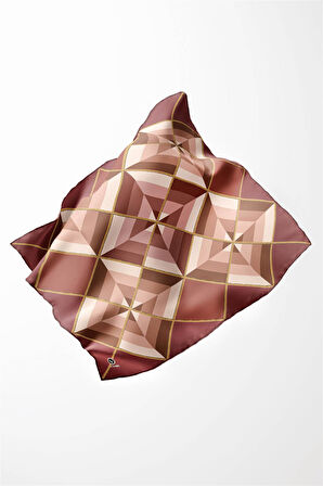 Twill Geometrik Desenli Gül Kurusu Renkli 90x90 Eşarp (İpek İçermez) Kenar Dikiş Şekli El Dikişli