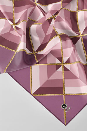 Twill Geometrik Desenli Lila Renkli 90x90 Eşarp (İpek İçermez) Kenar Dikiş Şekli El Dikişli