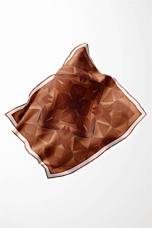 Twill Geometrik Desenli Taba Renkli 90x90 Eşarp (İpek İçermez) Kenar Dikiş Şekli El Dikişli