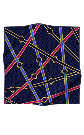 %100 Twill İpek Kemerli Ve Monogram Desenli Lacivert - Fuşya Renkli 90x90 Eşarp Dikim Şekli : El Dikişi