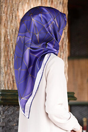 Twill Geometrik Desenli Saks Renkli 90x90 Eşarp (İpek İçermez) Kenar Dikiş Şekli El Dikişli