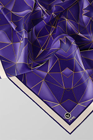 Twill Geometrik Desenli Saks Renkli 90x90 Eşarp (İpek İçermez) Kenar Dikiş Şekli El Dikişli