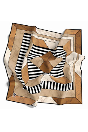 Twill Çizgili Geometrik Mermer Desenli Bakır Renkli 90x90 Eşarp (İpek İçermez) Kenar Dikiş Şekli El Dikişli