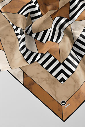 Twill Çizgili Geometrik Mermer Desenli Bakır Renkli 90x90 Eşarp (İpek İçermez) Kenar Dikiş Şekli El Dikişli