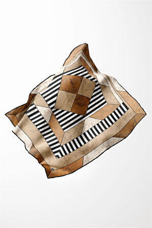 Twill Çizgili Geometrik Mermer Desenli Bakır Renkli 90x90 Eşarp (İpek İçermez) Kenar Dikiş Şekli El Dikişli