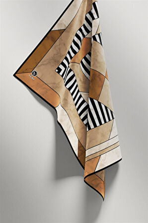 Twill Çizgili Geometrik Mermer Desenli Bakır Renkli 90x90 Eşarp (İpek İçermez) Kenar Dikiş Şekli El Dikişli