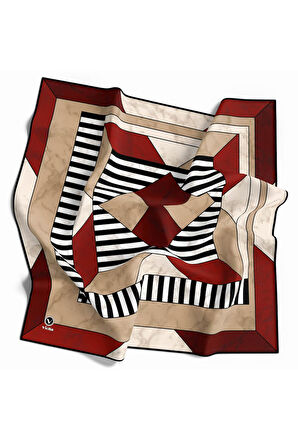 Twill Çizgili Geometrik Mermer Desenli Bordo Renkli 90x90 Eşarp (İpek İçermez) Kenar Dikiş Şekli El Dikişli