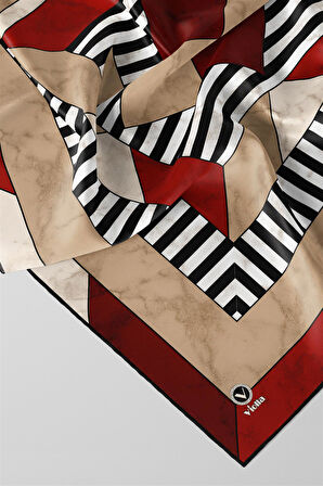 Twill Çizgili Geometrik Mermer Desenli Bordo Renkli 90x90 Eşarp (İpek İçermez) Kenar Dikiş Şekli El Dikişli