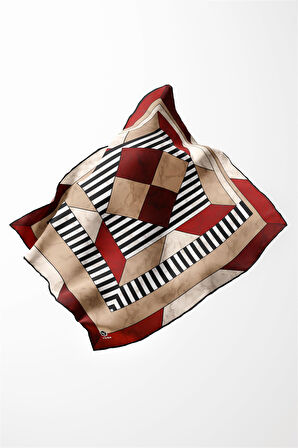 Twill Çizgili Geometrik Mermer Desenli Bordo Renkli 90x90 Eşarp (İpek İçermez) Kenar Dikiş Şekli El Dikişli