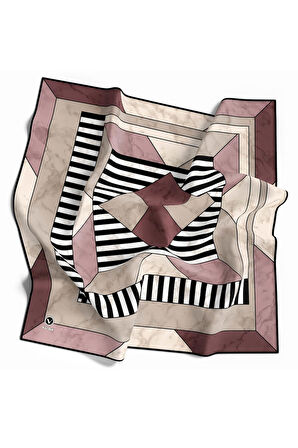 Twill Çizgili Geometrik Mermer Desenli Pudra Renkli 90x90 Eşarp (İpek İçermez) Kenar Dikiş Şekli El Dikişli