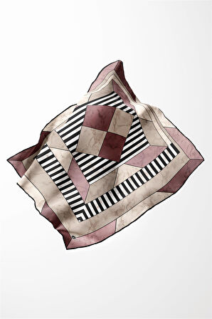 Twill Çizgili Geometrik Mermer Desenli Pudra Renkli 90x90 Eşarp (İpek İçermez) Kenar Dikiş Şekli El Dikişli