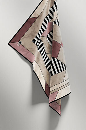 Twill Çizgili Geometrik Mermer Desenli Pudra Renkli 90x90 Eşarp (İpek İçermez) Kenar Dikiş Şekli El Dikişli