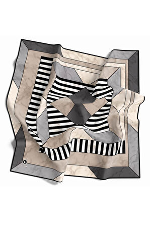 Twill Çizgili Geometrik Mermer Desenli Gri Renkli 90x90 Eşarp (İpek İçermez) Kenar Dikiş Şekli El Dikişli