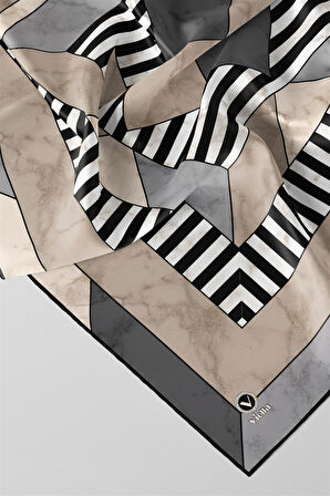 Twill Çizgili Geometrik Mermer Desenli Gri Renkli 90x90 Eşarp (İpek İçermez) Kenar Dikiş Şekli El Dikişli