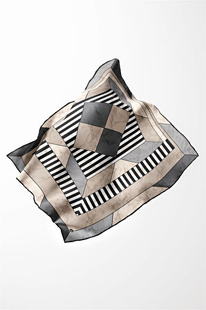 Twill Çizgili Geometrik Mermer Desenli Gri Renkli 90x90 Eşarp (İpek İçermez) Kenar Dikiş Şekli El Dikişli