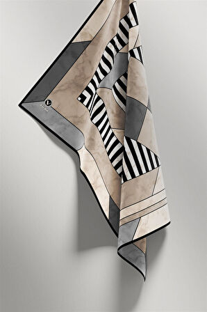 Twill Çizgili Geometrik Mermer Desenli Gri Renkli 90x90 Eşarp (İpek İçermez) Kenar Dikiş Şekli El Dikişli