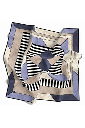 Twill Çizgili Geometrik Mermer Desenli İndigo Renkli 90x90 Eşarp (İpek İçermez) Kenar Dikiş Şekli El Dikişli