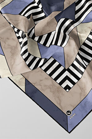 Twill Çizgili Geometrik Mermer Desenli İndigo Renkli 90x90 Eşarp (İpek İçermez) Kenar Dikiş Şekli El Dikişli