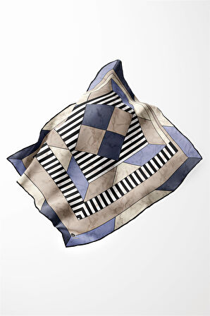 Twill Çizgili Geometrik Mermer Desenli İndigo Renkli 90x90 Eşarp (İpek İçermez) Kenar Dikiş Şekli El Dikişli