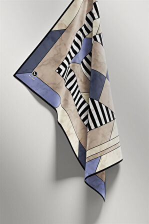 Twill Çizgili Geometrik Mermer Desenli İndigo Renkli 90x90 Eşarp (İpek İçermez) Kenar Dikiş Şekli El Dikişli