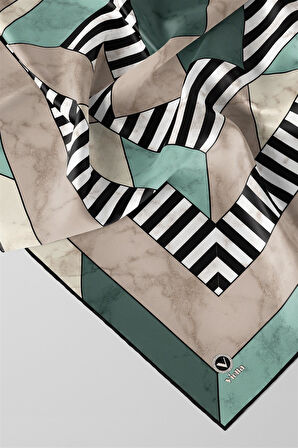 Twill Çizgili Geometrik Mermer Desenli Mint Yeşili Renkli 90x90 Eşarp (İpek İçermez) Kenar Dikiş Şekli El Dikişli