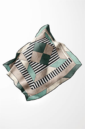Twill Çizgili Geometrik Mermer Desenli Mint Yeşili Renkli 90x90 Eşarp (İpek İçermez) Kenar Dikiş Şekli El Dikişli