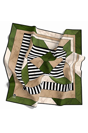 Twill Çizgili Geometrik Mermer Desenli Zümrüt Yeşili Renkli 90x90 Eşarp (İpek İçermez) Kenar Dikiş Şekli El Dikişli