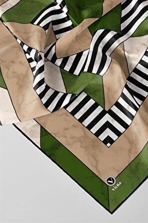 Twill Çizgili Geometrik Mermer Desenli Zümrüt Yeşili Renkli 90x90 Eşarp (İpek İçermez) Kenar Dikiş Şekli El Dikişli