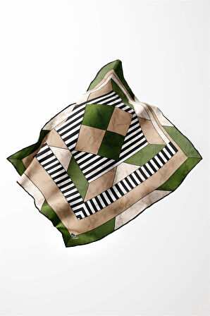 Twill Çizgili Geometrik Mermer Desenli Zümrüt Yeşili Renkli 90x90 Eşarp (İpek İçermez) Kenar Dikiş Şekli El Dikişli