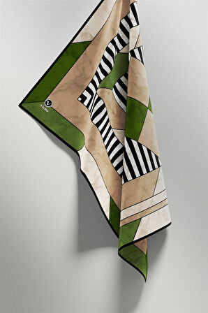 Twill Çizgili Geometrik Mermer Desenli Zümrüt Yeşili Renkli 90x90 Eşarp (İpek İçermez) Kenar Dikiş Şekli El Dikişli