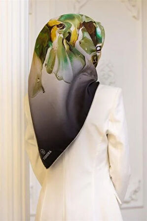 Vissona Tivil İpek Eşarp 51620 - 7 - 0037 - 0036 Siyah Haki Sulu Boya Desen