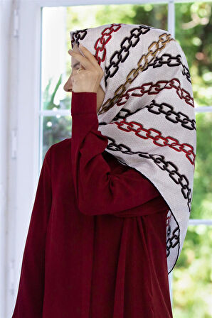 Twill Zincir Desenli Krem - Bordo Renkli 90x90 Eşarp (İpek İçermez) Kenar Dikiş Şekli El Dikişli