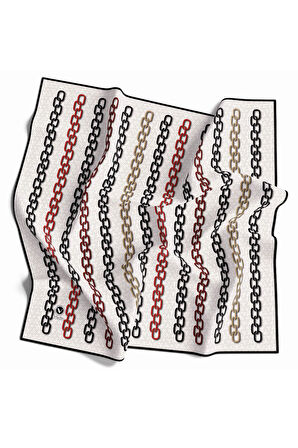 Twill Zincir Desenli Krem - Bordo Renkli 90x90 Eşarp (İpek İçermez) Kenar Dikiş Şekli El Dikişli