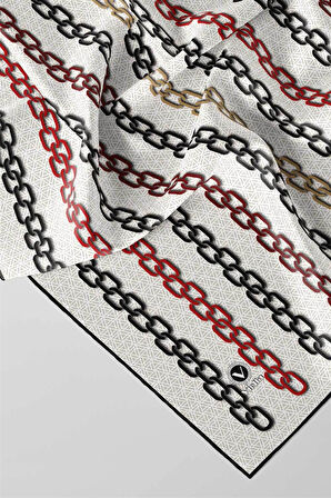 Twill Zincir Desenli Krem - Bordo Renkli 90x90 Eşarp (İpek İçermez) Kenar Dikiş Şekli El Dikişli