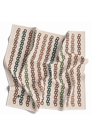 Twill Zincir Desenli Bej - Vizon Renkli 90x90 Eşarp (İpek İçermez) Kenar Dikiş Şekli El Dikişli